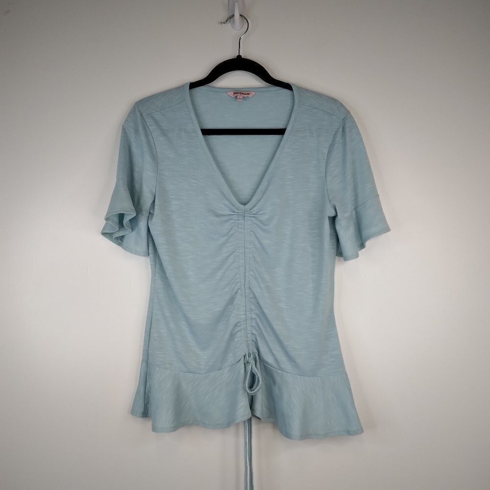 Juicy Couture V-Neck Shirt Front Cinch Aqua Top Size L